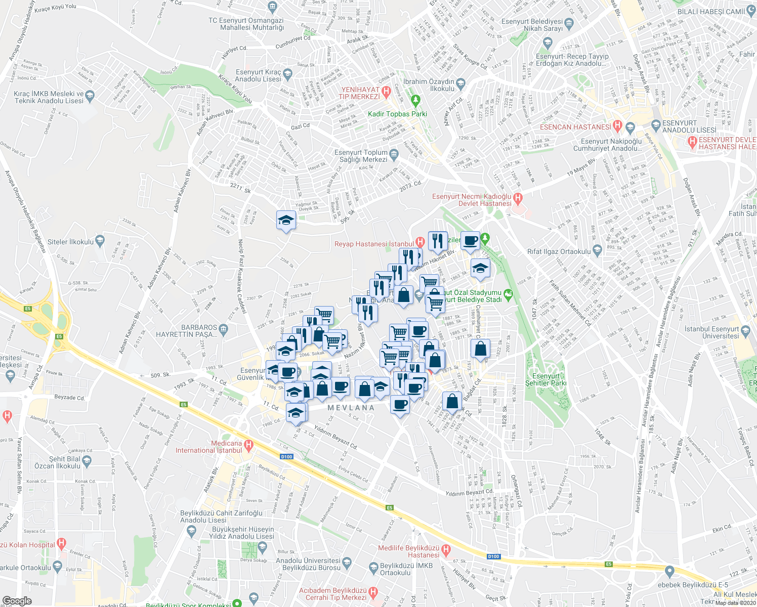 map of restaurants, bars, coffee shops, grocery stores, and more near Nazım Hikmet Bulvarı in Beylikdüzü