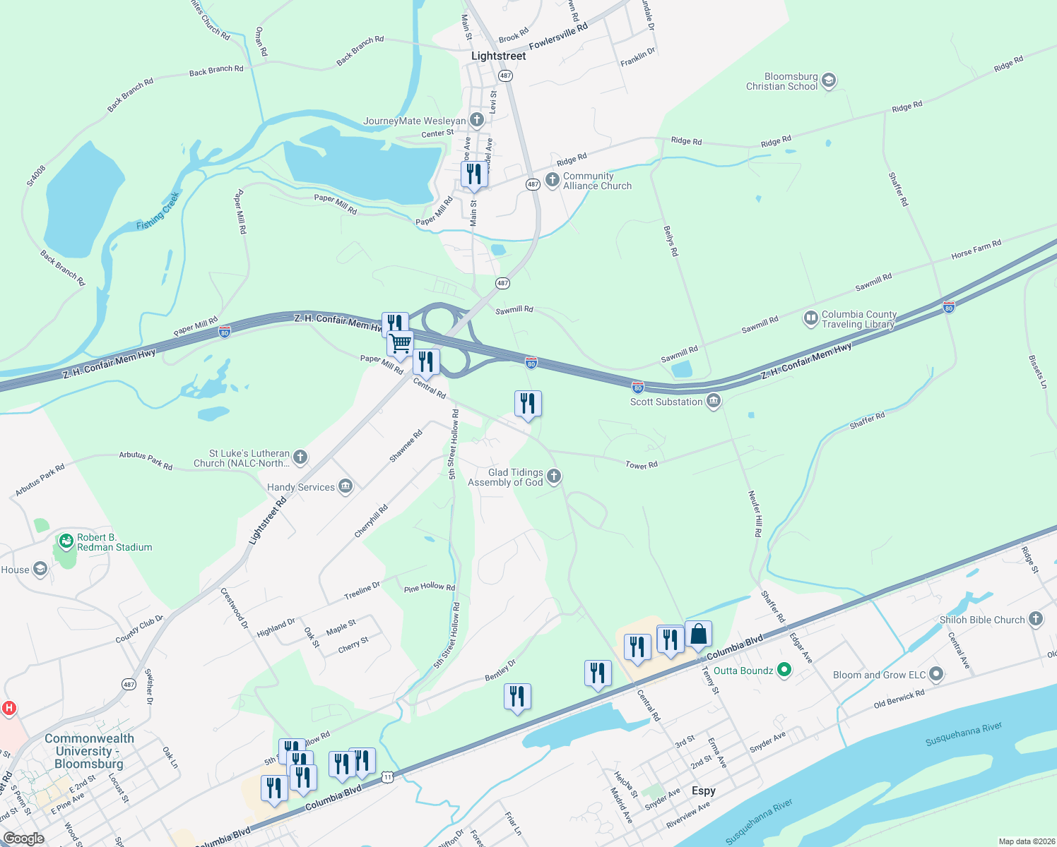 map of restaurants, bars, coffee shops, grocery stores, and more near 801 Central Road in Bloomsburg