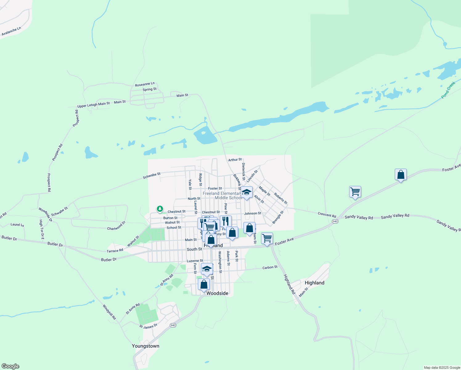 map of restaurants, bars, coffee shops, grocery stores, and more near 1108 Cunnius Street in Freeland