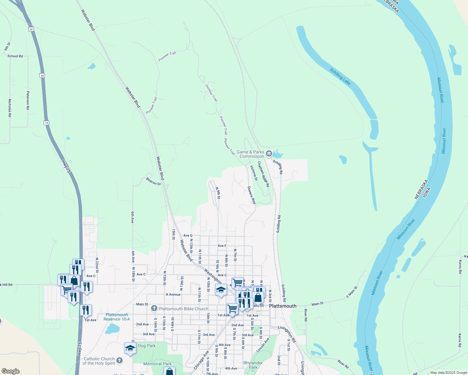map of restaurants, bars, coffee shops, grocery stores, and more near 1209 Earl Ct in Plattsmouth