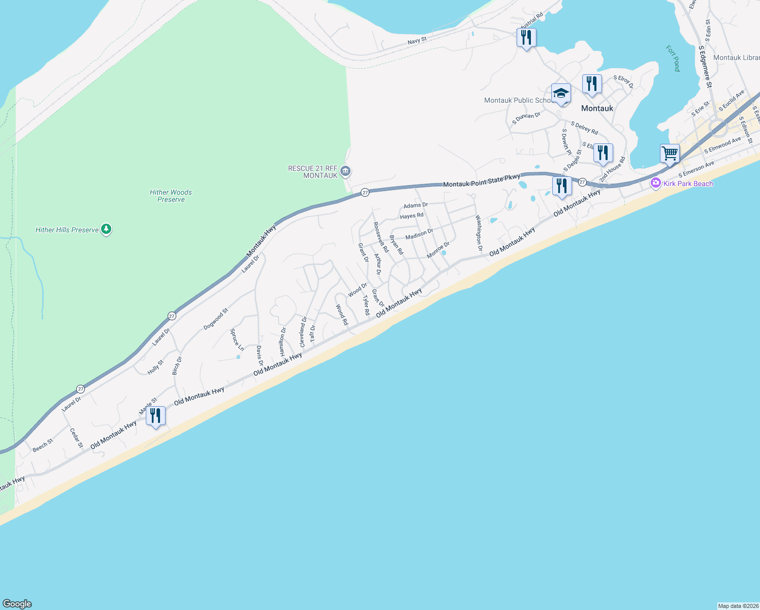 map of restaurants, bars, coffee shops, grocery stores, and more near 7 Grant Dr in Montauk