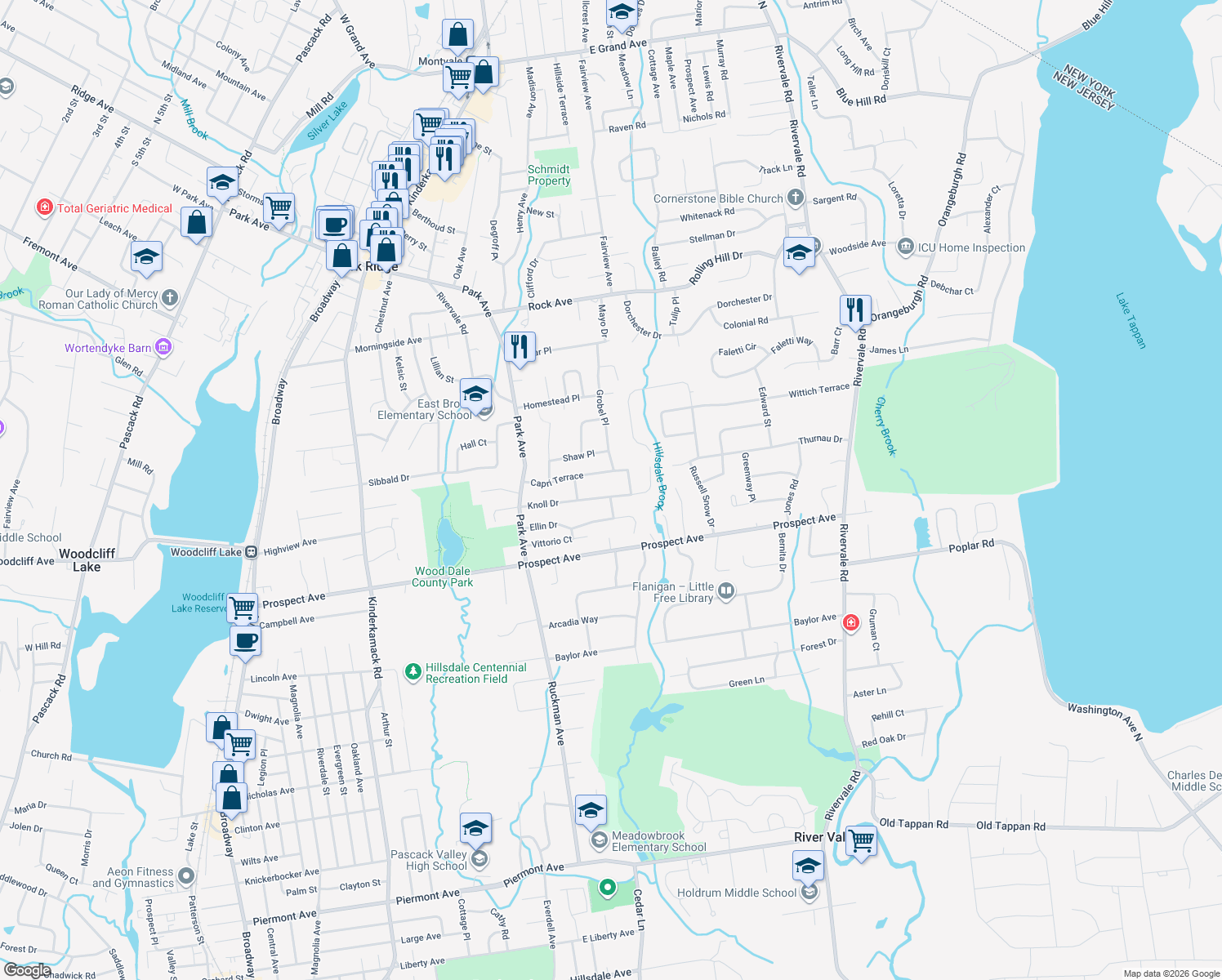 map of restaurants, bars, coffee shops, grocery stores, and more near 249 Knoll Drive in Park Ridge