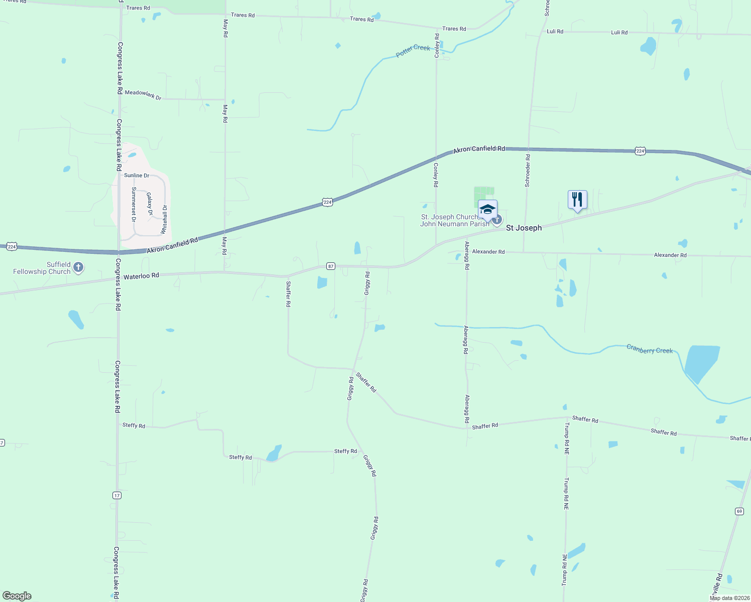 map of restaurants, bars, coffee shops, grocery stores, and more near 1278 Griggy Road in Mogadore