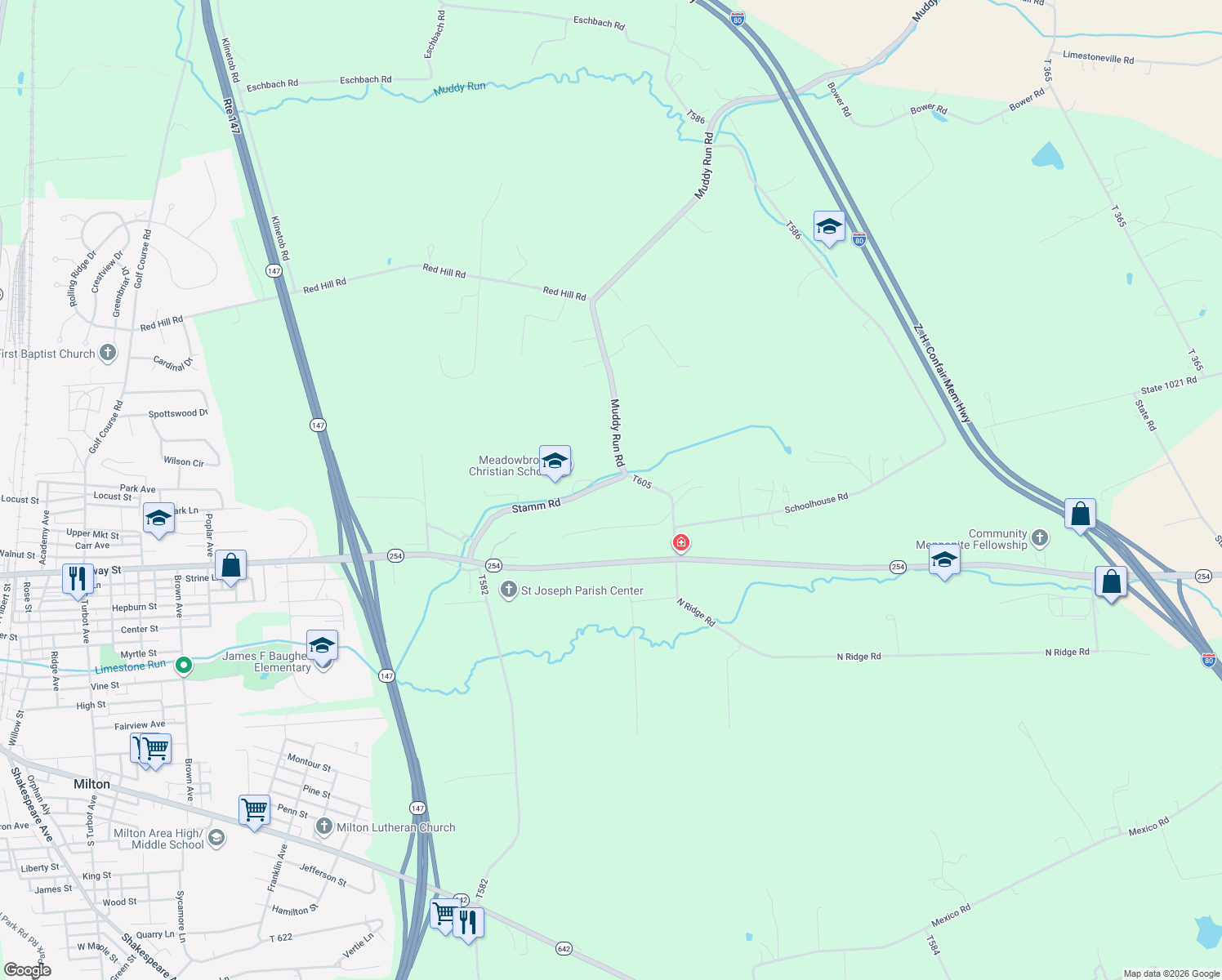 map of restaurants, bars, coffee shops, grocery stores, and more near 474 Stamm Road in Milton