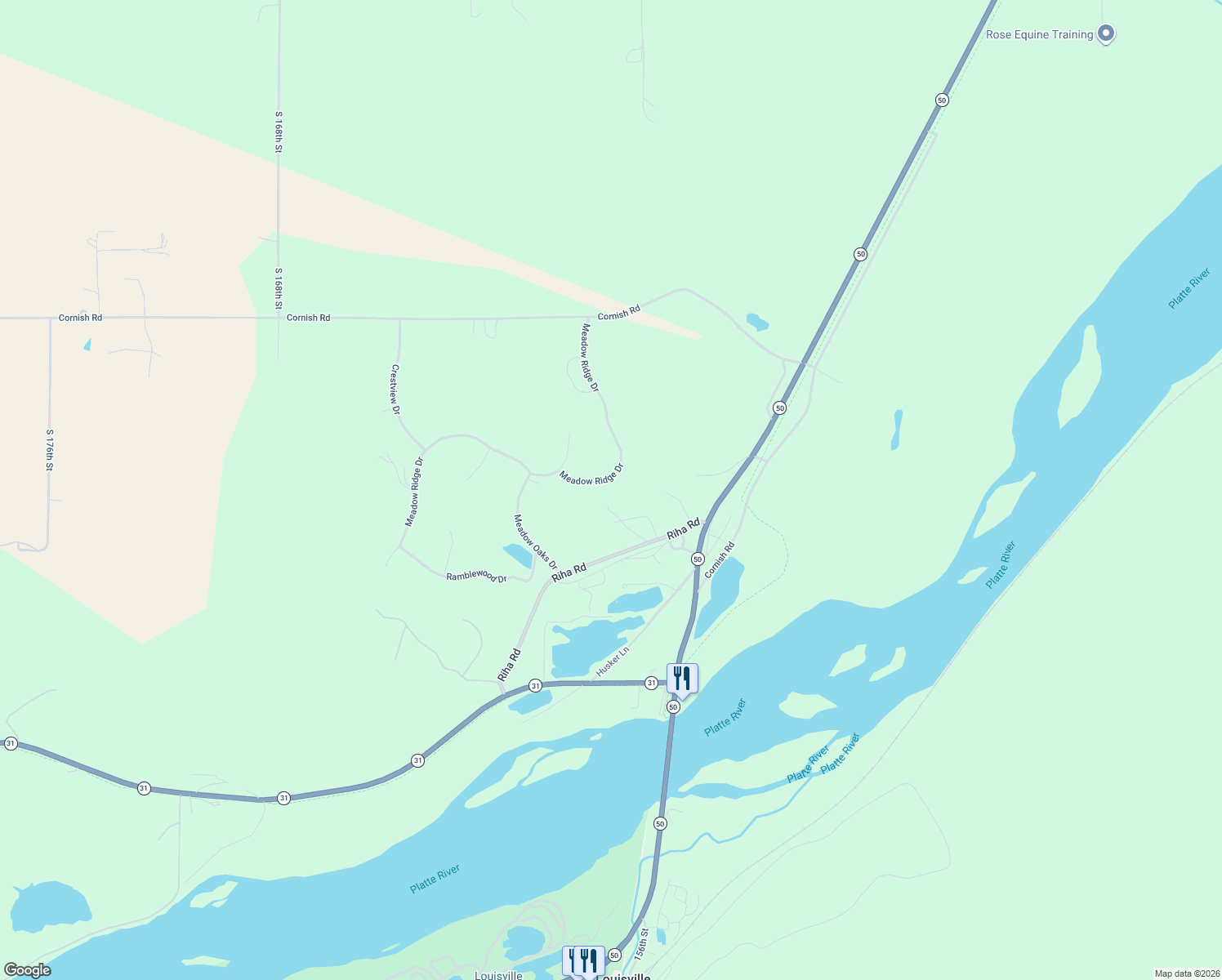 map of restaurants, bars, coffee shops, grocery stores, and more near 15701 Meadow Ridge Drive in Springfield