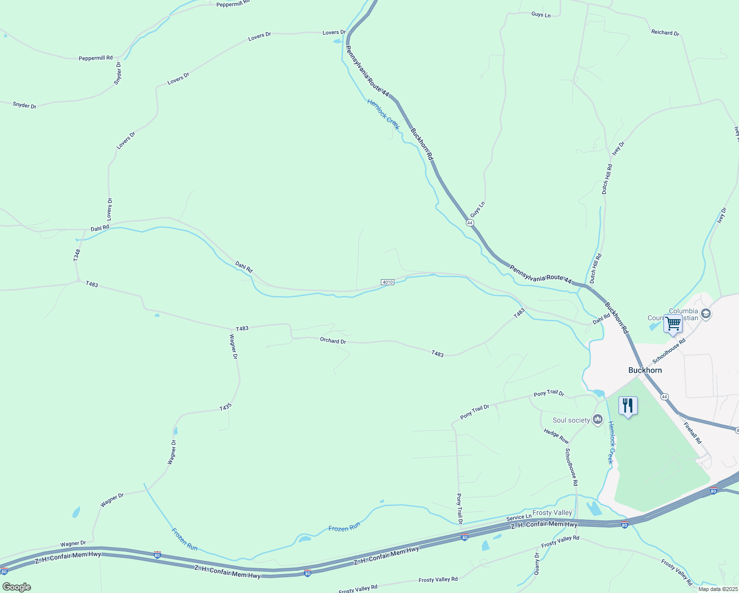 map of restaurants, bars, coffee shops, grocery stores, and more near 122 Dahl Rd in Bloomsburg