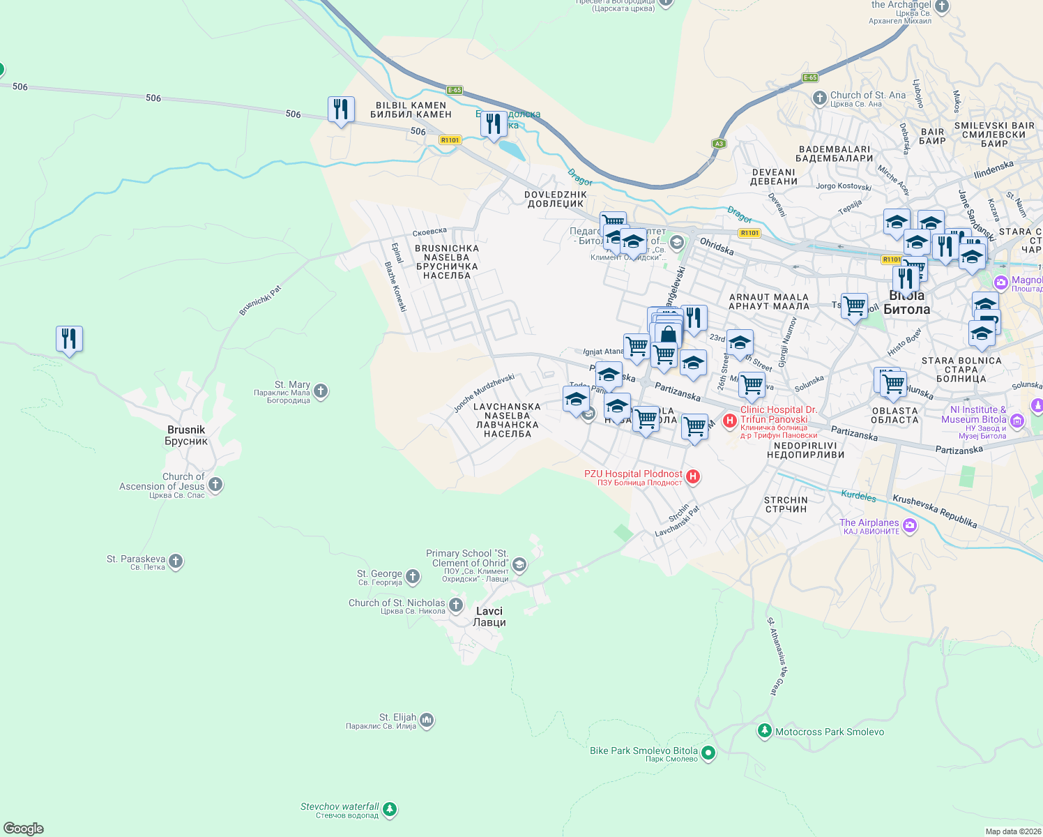 map of restaurants, bars, coffee shops, grocery stores, and more near Jadranska in Bitola