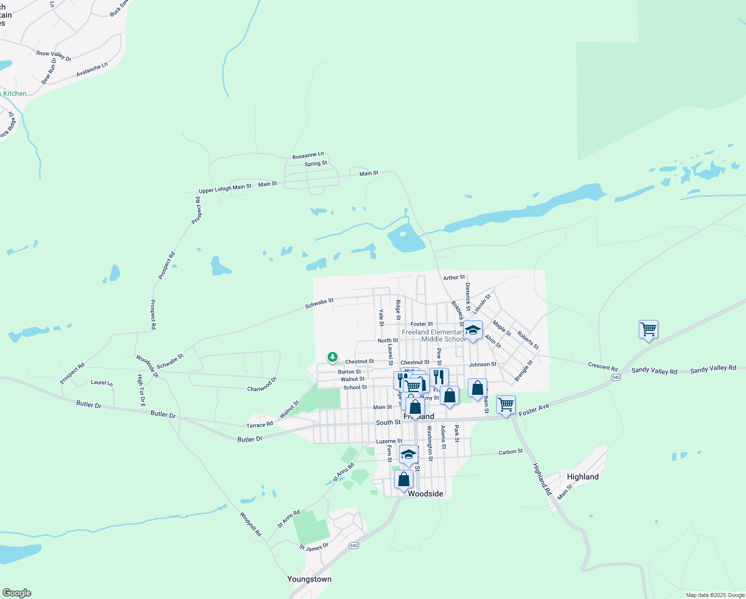 map of restaurants, bars, coffee shops, grocery stores, and more near 1024 Schwabe Street in Freeland