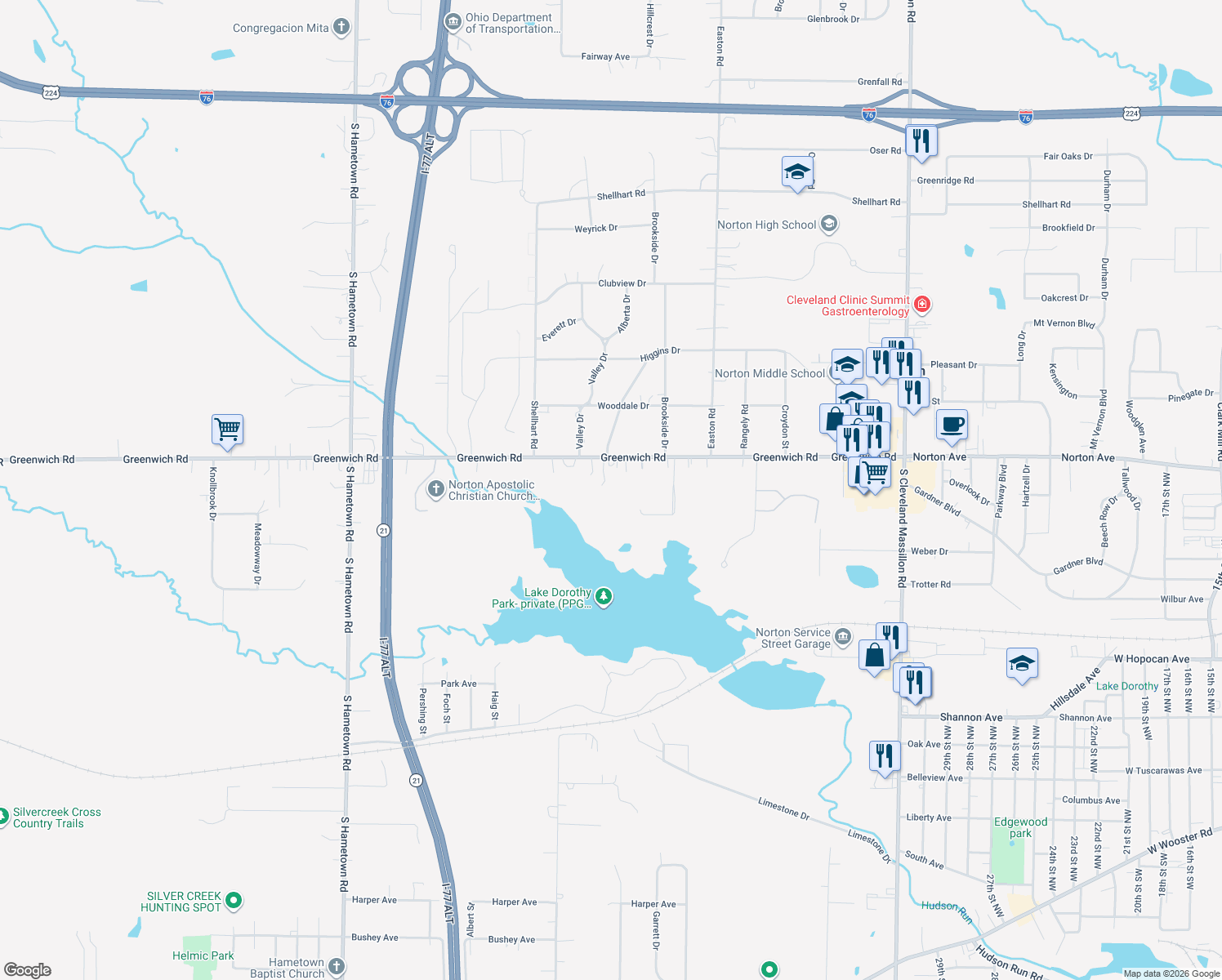 map of restaurants, bars, coffee shops, grocery stores, and more near 3552 Greenwich Road in Norton