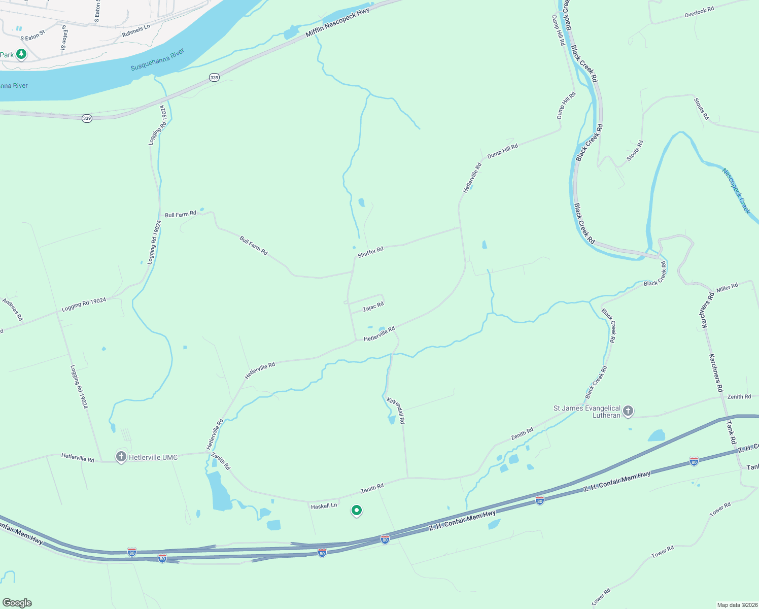 map of restaurants, bars, coffee shops, grocery stores, and more near 11 Zajac Road in Nescopeck