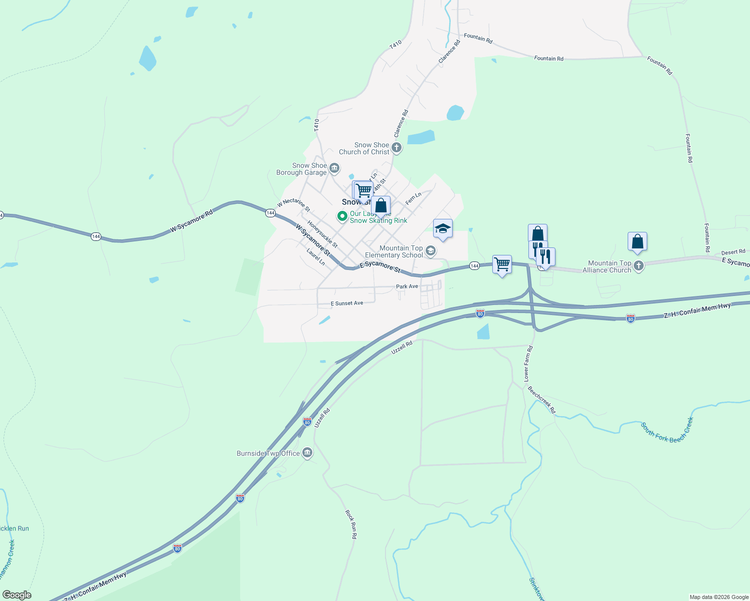 map of restaurants, bars, coffee shops, grocery stores, and more near 299 E Sunset Ave in Snow Shoe