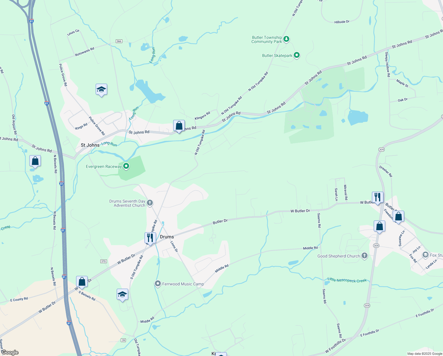 map of restaurants, bars, coffee shops, grocery stores, and more near 115 North Old Turnpike Road in Drums