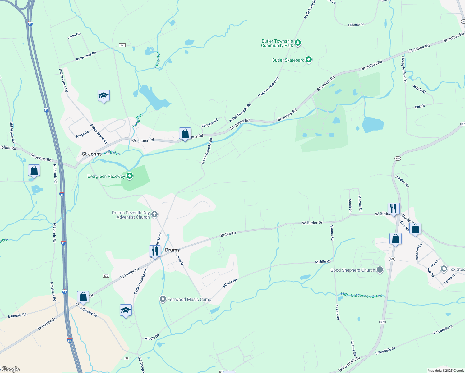 map of restaurants, bars, coffee shops, grocery stores, and more near 115 North Old Turnpike Road in Drums