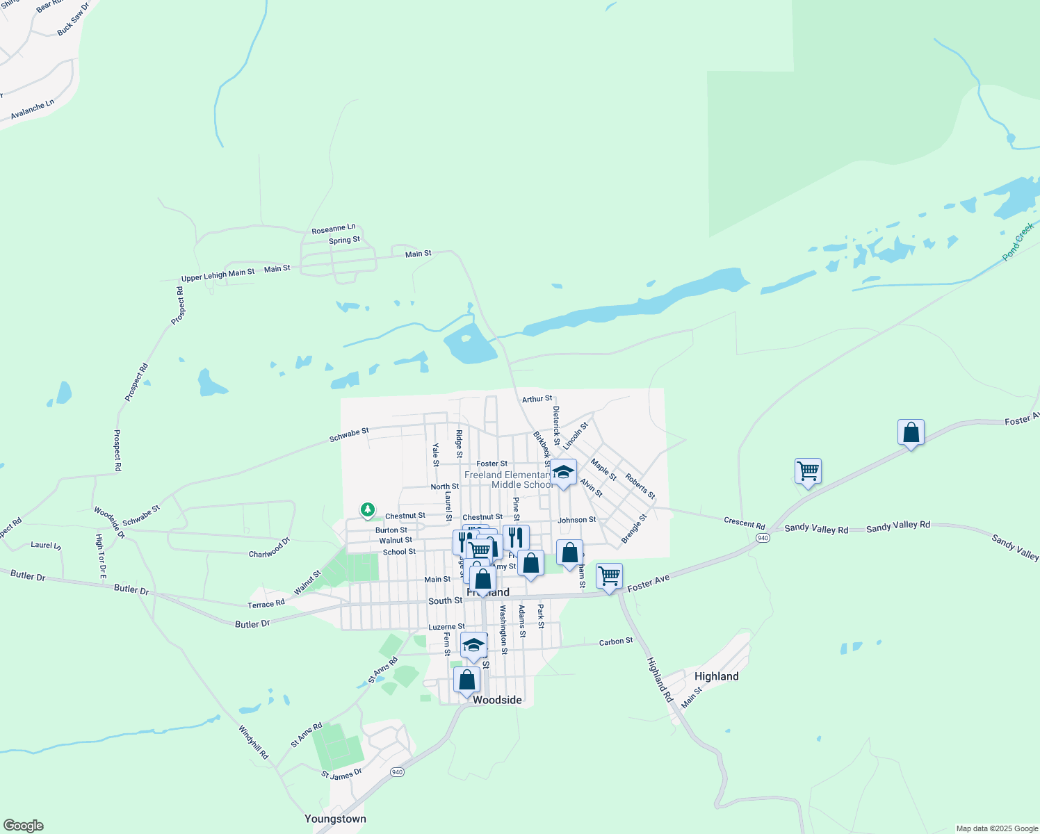 map of restaurants, bars, coffee shops, grocery stores, and more near 1260 Birkbeck Street in Freeland