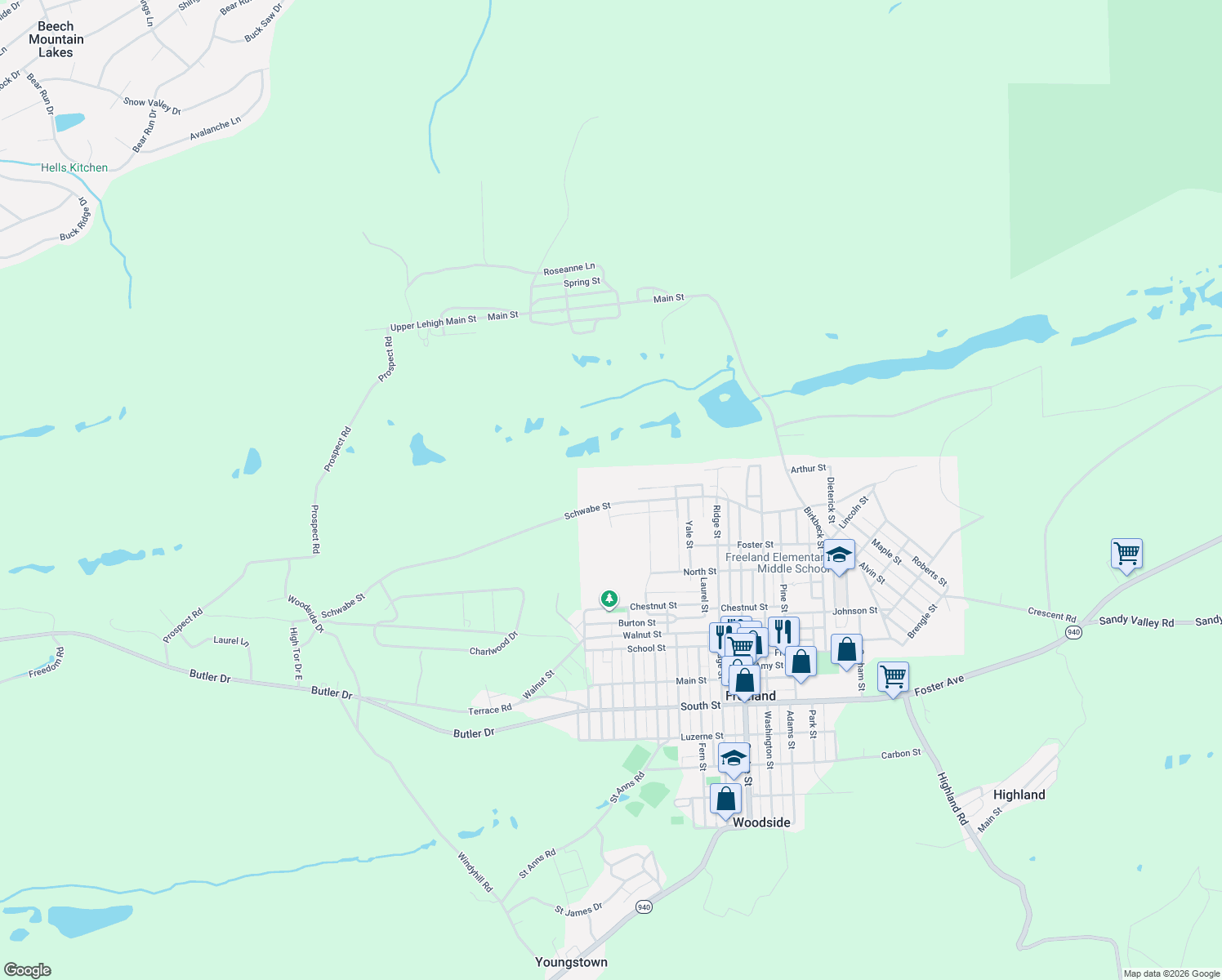 map of restaurants, bars, coffee shops, grocery stores, and more near 1155 Schwabe Street in Freeland