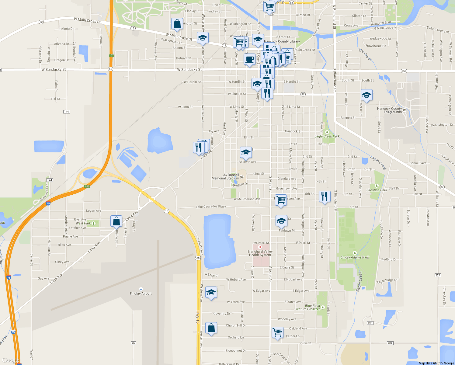 map of restaurants, bars, coffee shops, grocery stores, and more near 1321 Hurd Avenue in Findlay