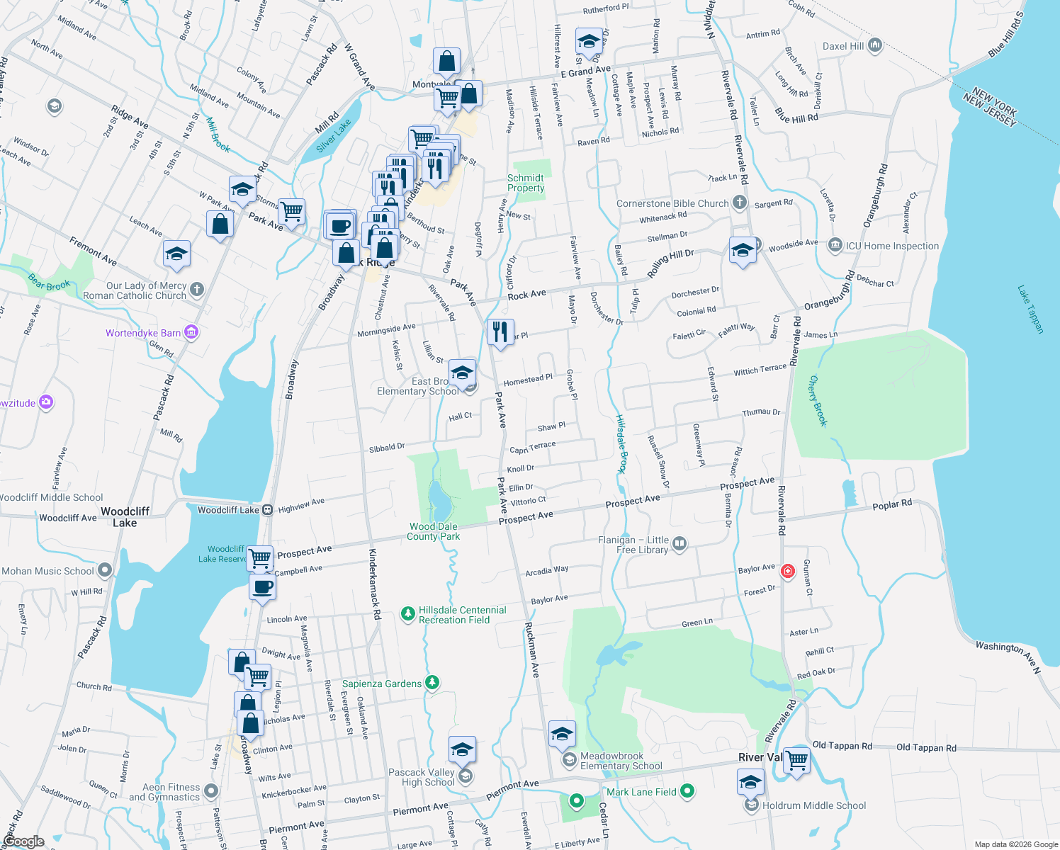 map of restaurants, bars, coffee shops, grocery stores, and more near 5 Sturms Place in Park Ridge