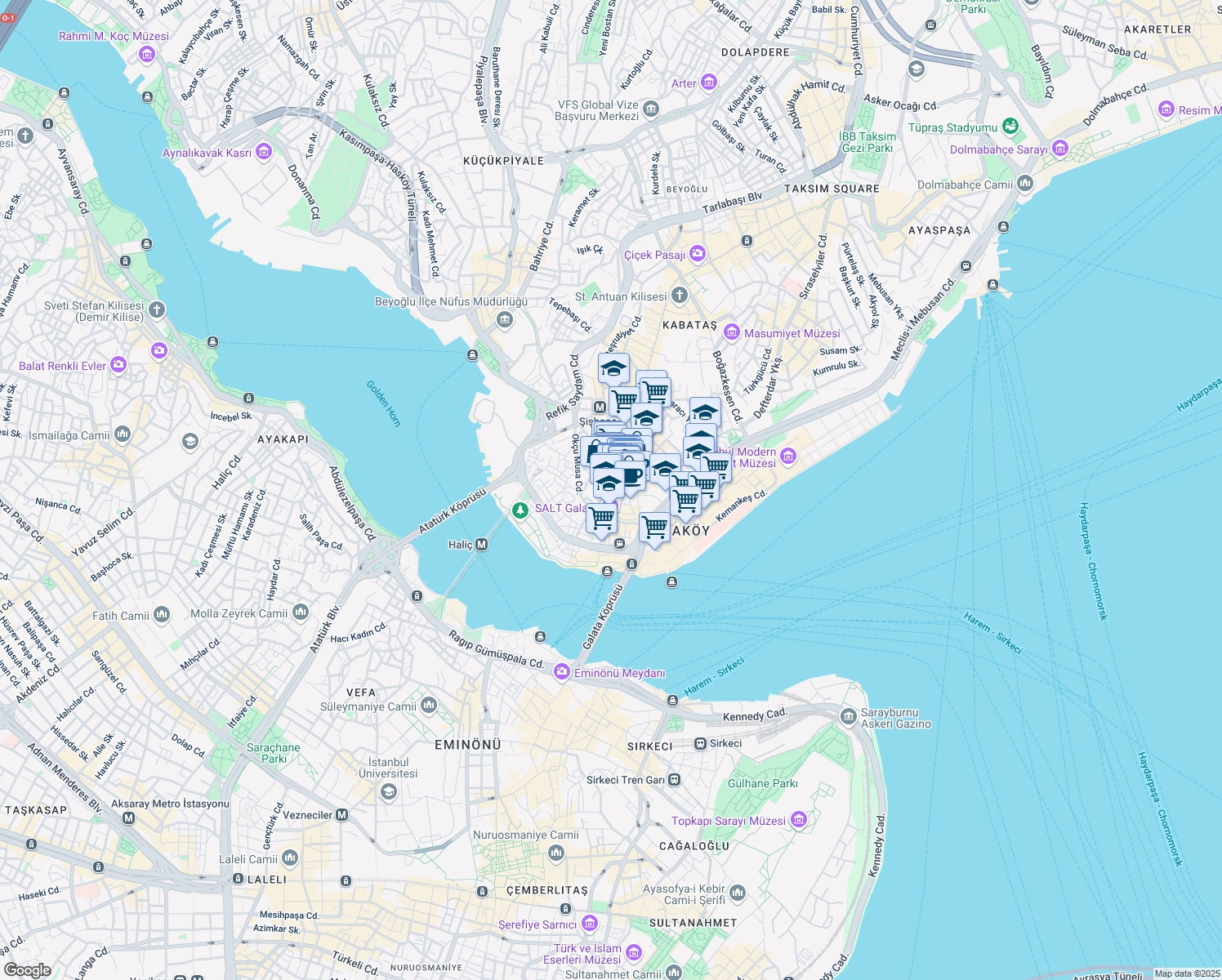map of restaurants, bars, coffee shops, grocery stores, and more near 21 Galata Kulesi Sokak in Istanbul