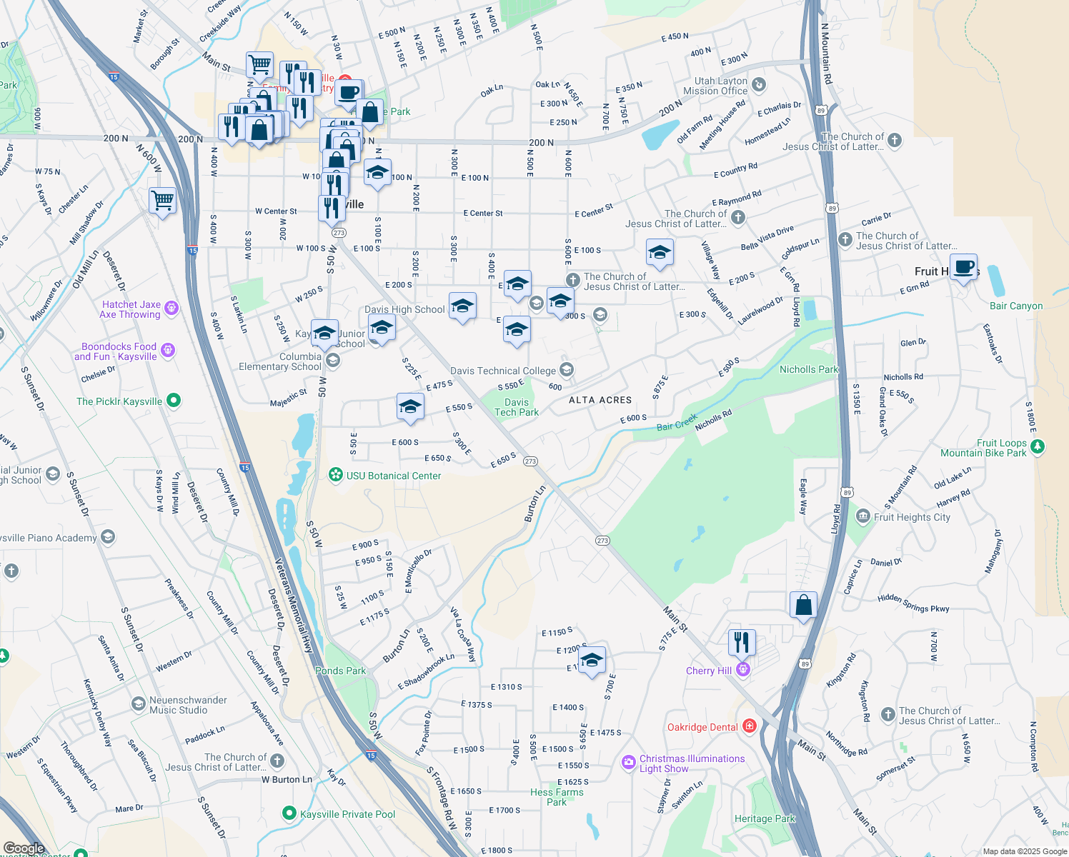 map of restaurants, bars, coffee shops, grocery stores, and more near 512 Laurelwood Drive in Kaysville