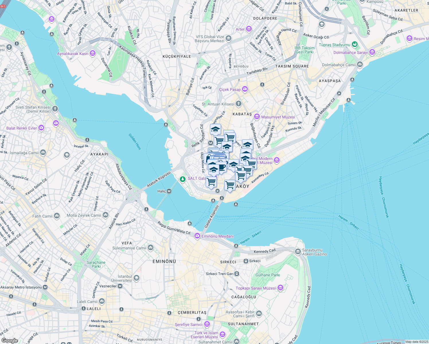 map of restaurants, bars, coffee shops, grocery stores, and more near 21 Galata Kulesi Sokak in Istanbul