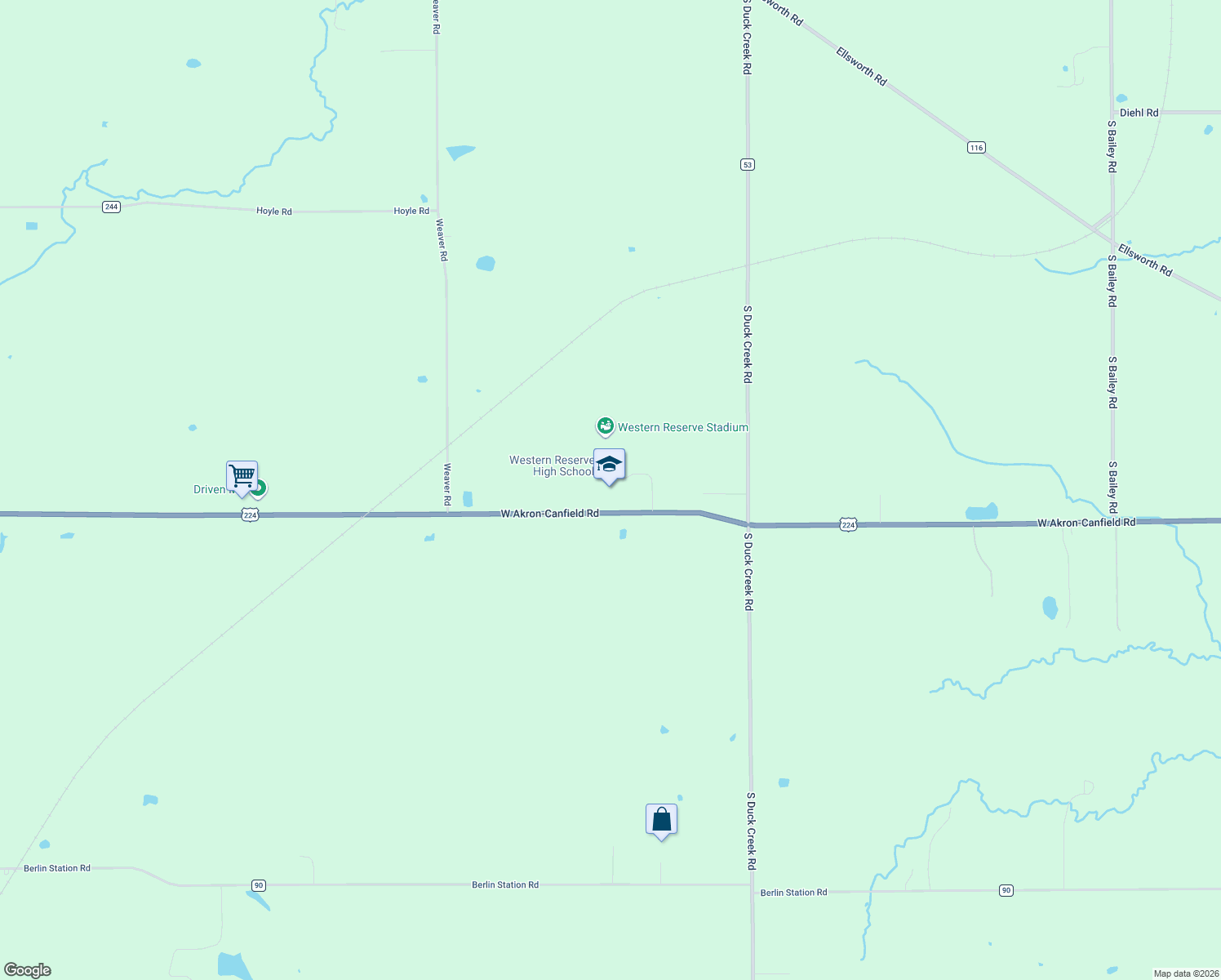 map of restaurants, bars, coffee shops, grocery stores, and more near 13850 West Akron-Canfield Road in Berlin Center