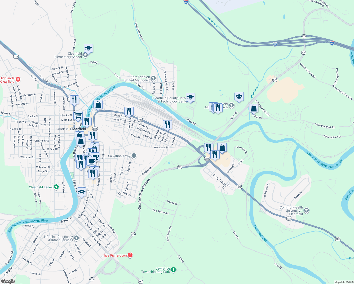 map of restaurants, bars, coffee shops, grocery stores, and more near Bloom St in Clearfield