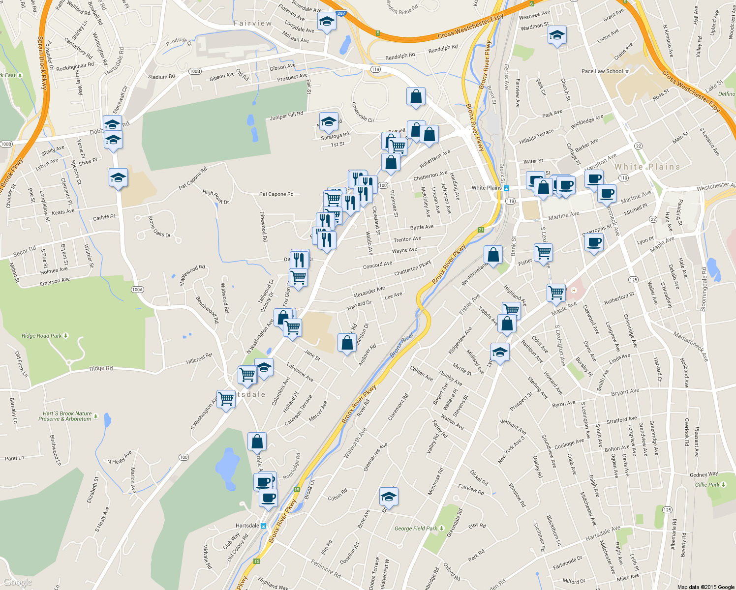 map of restaurants, bars, coffee shops, grocery stores, and more near 101-117 Harvard Drive in Hartsdale
