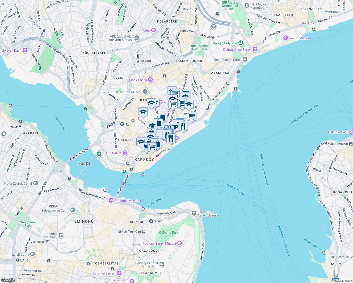 map of restaurants, bars, coffee shops, grocery stores, and more near 1 Tophane İskele Caddesi in Beyoğlu