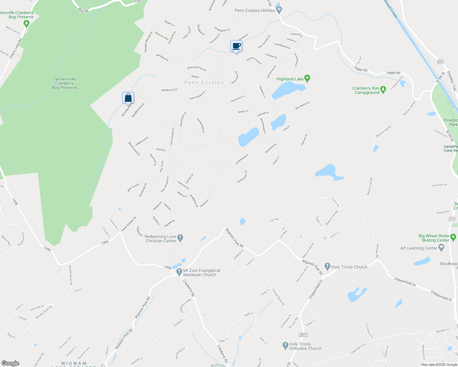 map of restaurants, bars, coffee shops, grocery stores, and more near 218 Summerton Circle in East Stroudsburg