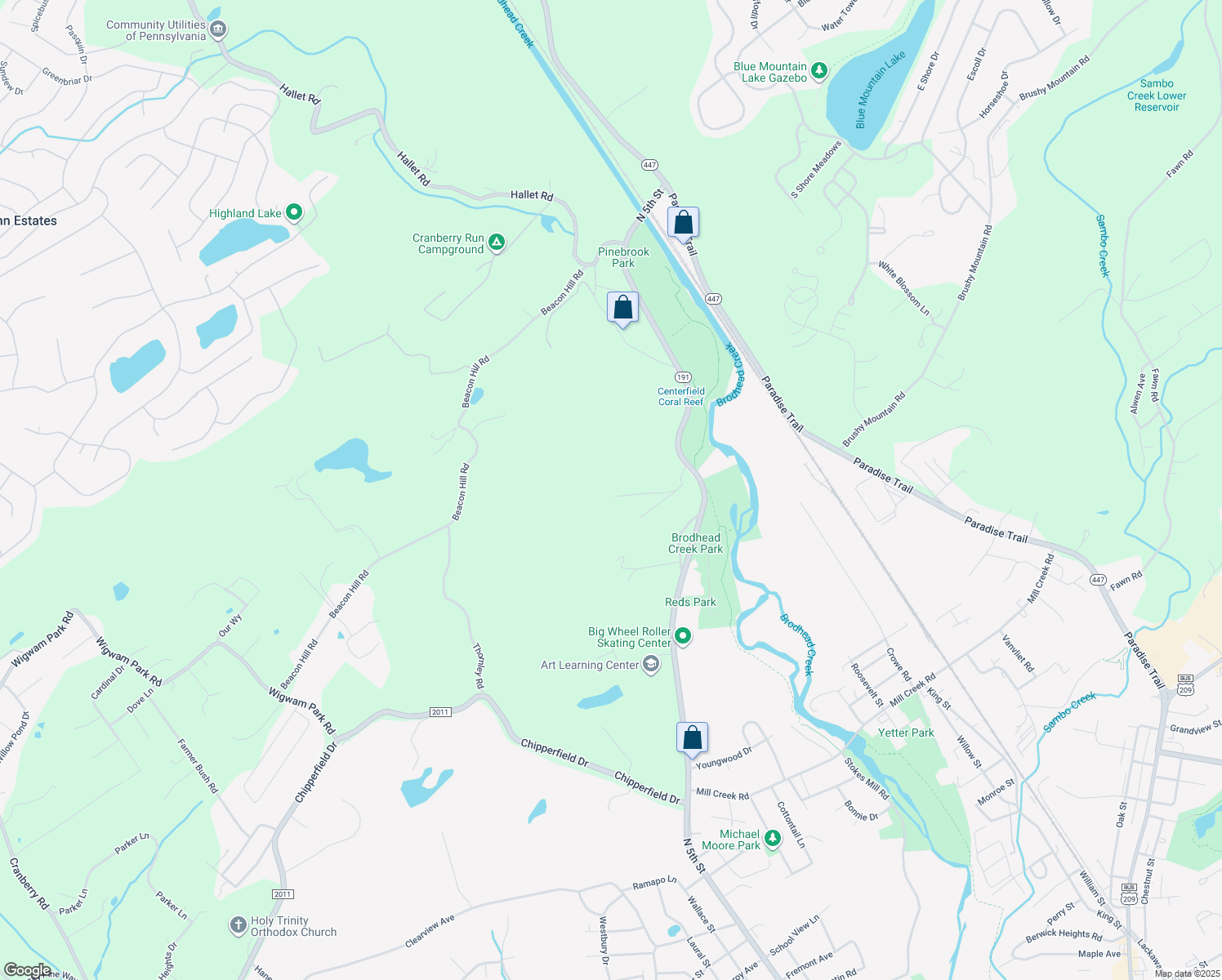 map of restaurants, bars, coffee shops, grocery stores, and more near 4023 North 5th Street in East Stroudsburg