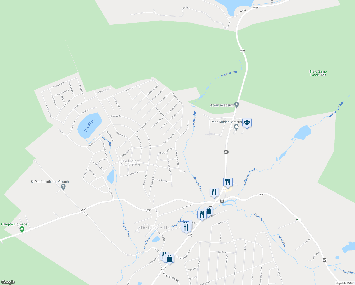 map of restaurants, bars, coffee shops, grocery stores, and more near 29 Trail Ridge Road in Lake Harmony
