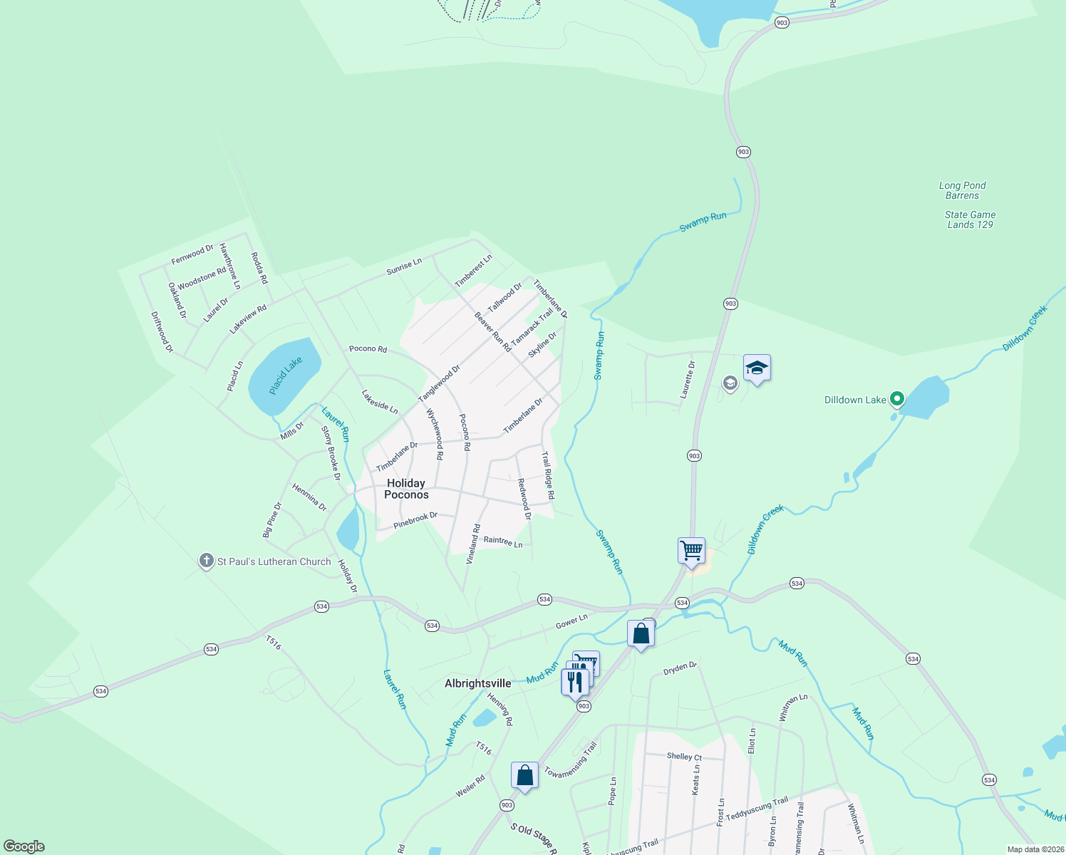 map of restaurants, bars, coffee shops, grocery stores, and more near 29 Trail Ridge Road in Lake Harmony