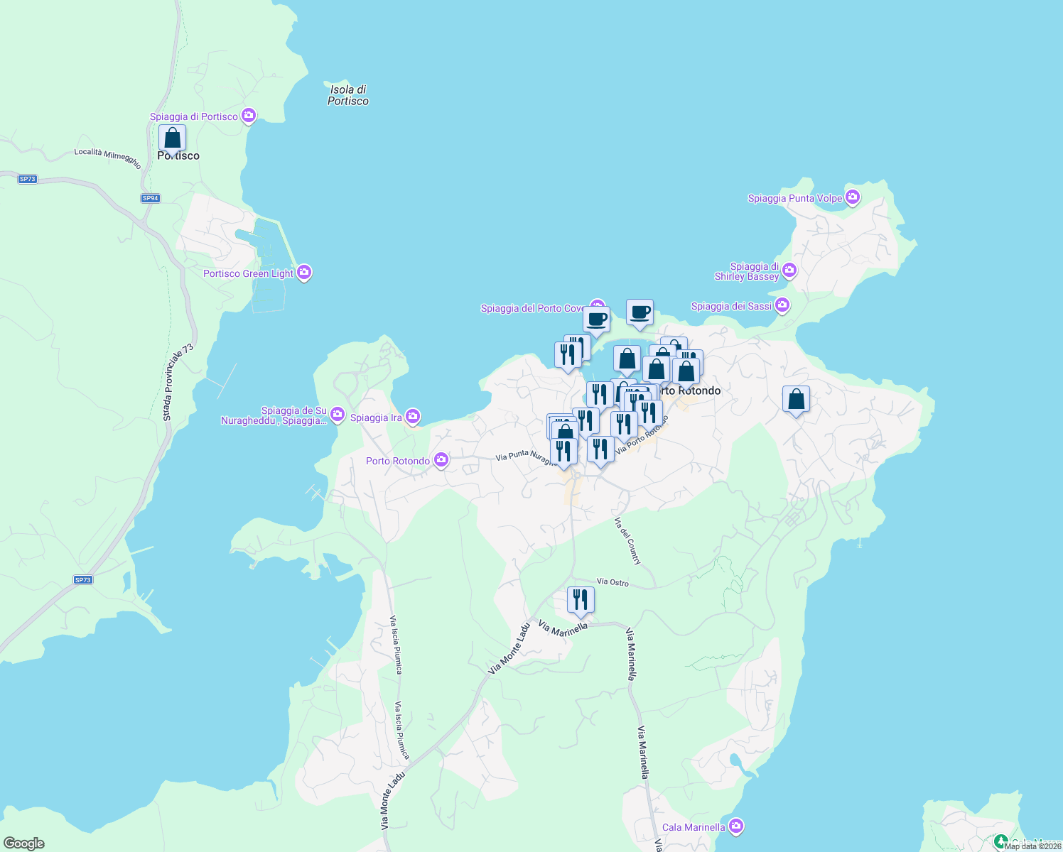 map of restaurants, bars, coffee shops, grocery stores, and more near 4 Via della Bilancia in Porto Rotondo