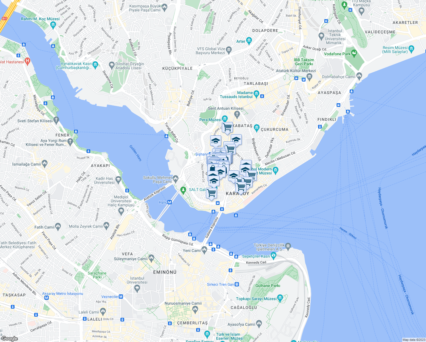 map of restaurants, bars, coffee shops, grocery stores, and more near Büyük Hendek Caddesi in Beyoğlu