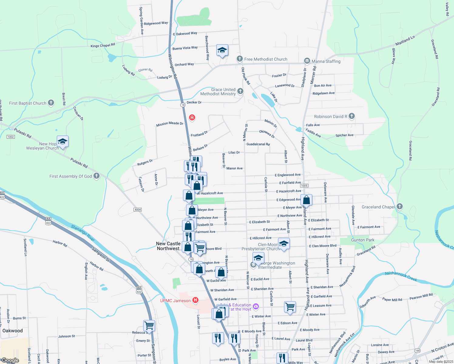 map of restaurants, bars, coffee shops, grocery stores, and more near 2 West Fairfield Avenue in New Castle