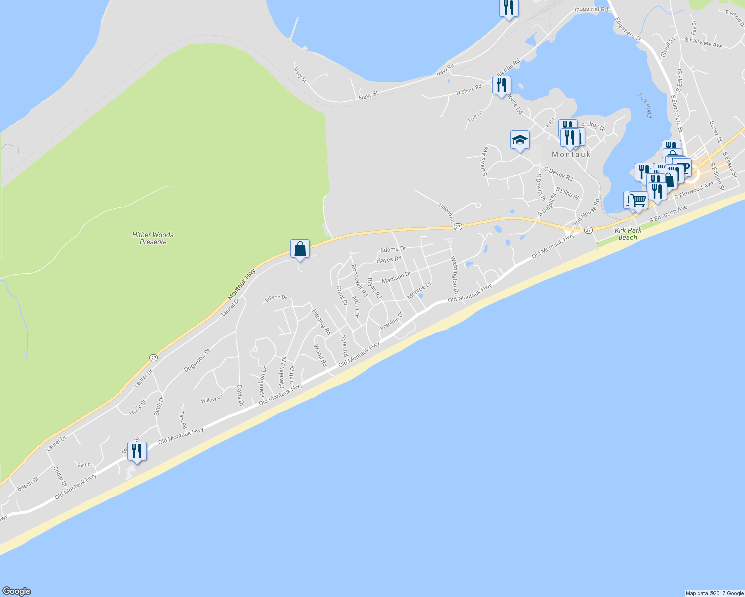 map of restaurants, bars, coffee shops, grocery stores, and more near 8 Roosevelt Road in Montauk