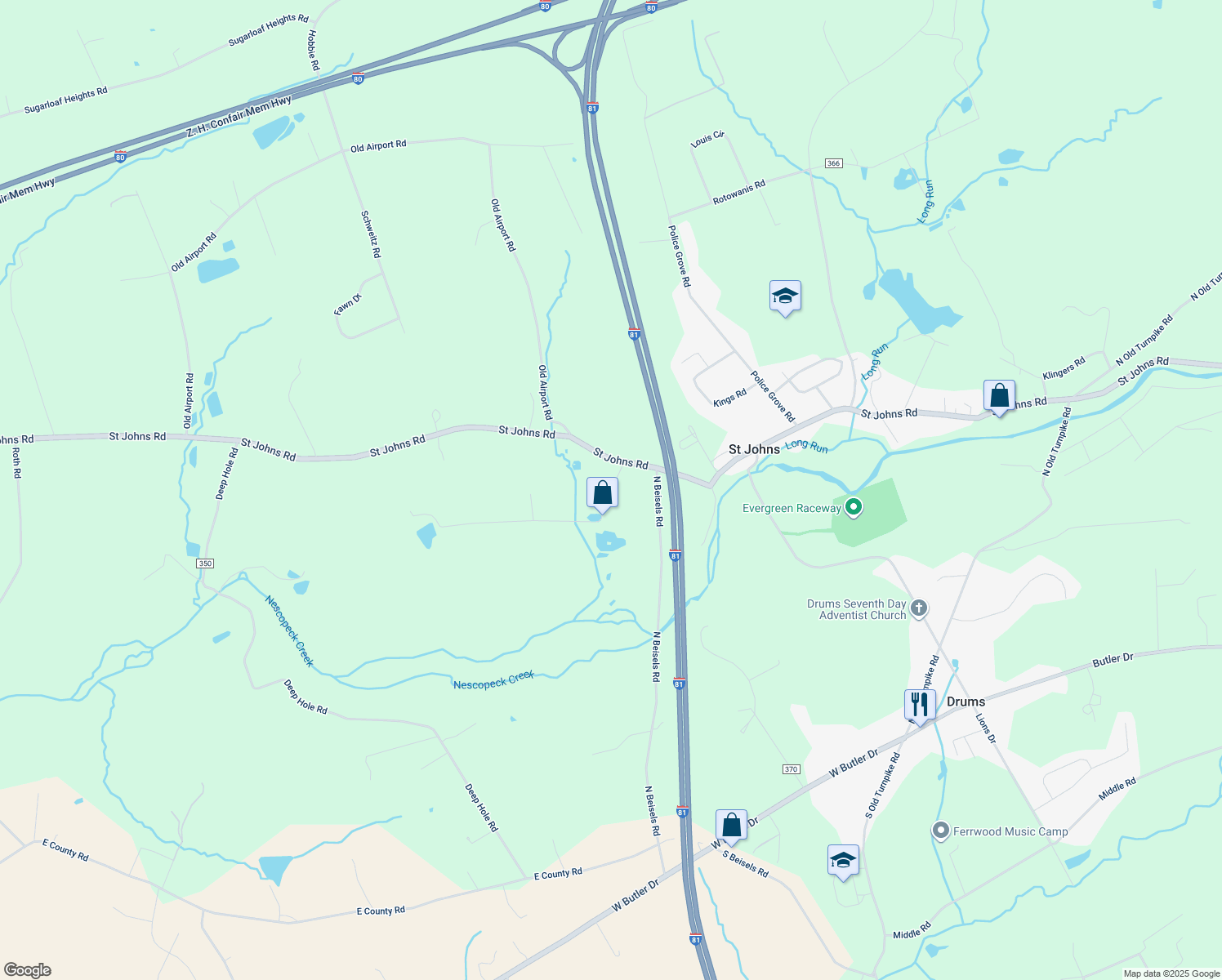 map of restaurants, bars, coffee shops, grocery stores, and more near 23 Old Saint Johns Lane in Drums