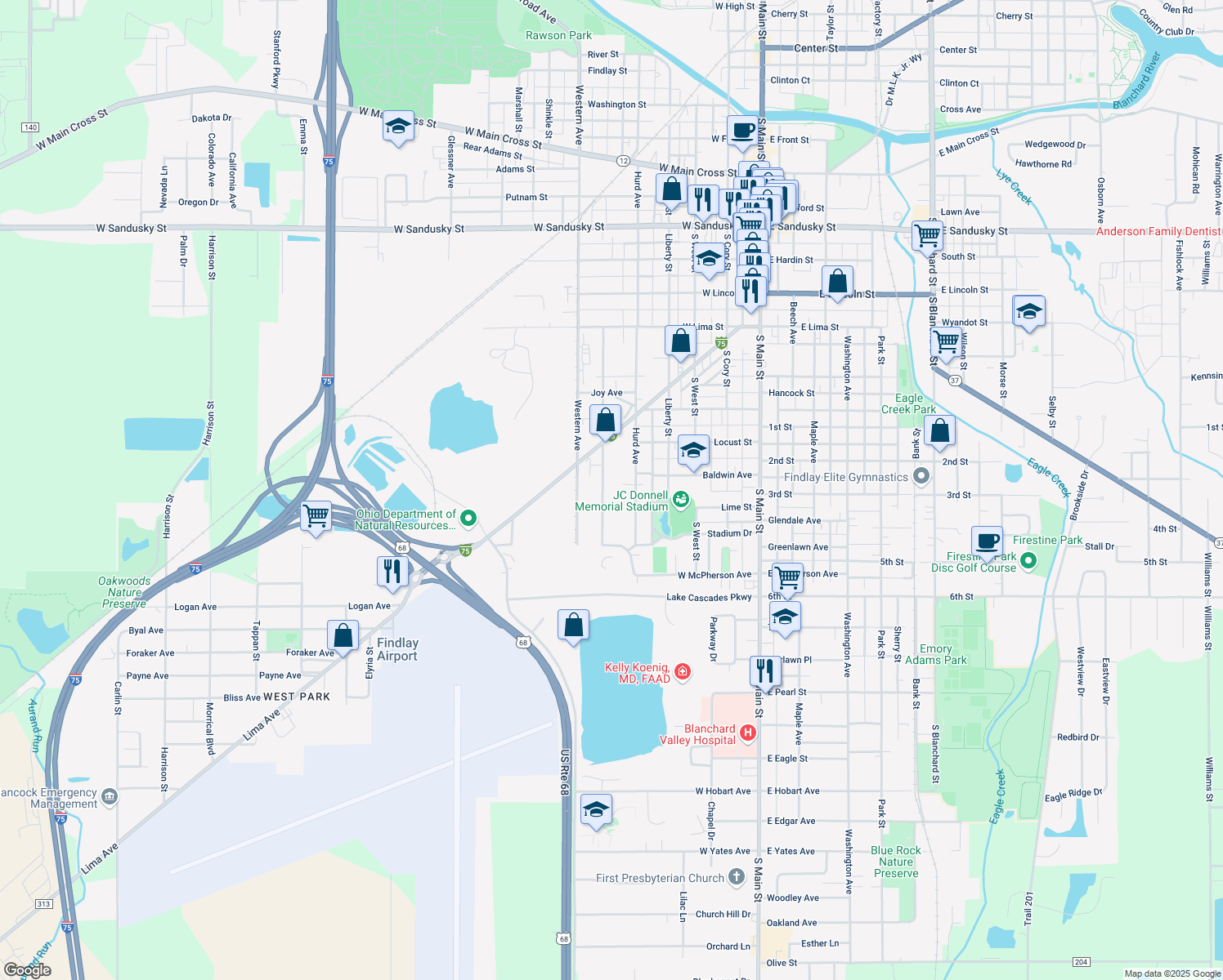 map of restaurants, bars, coffee shops, grocery stores, and more near 1215 Summit St in Findlay