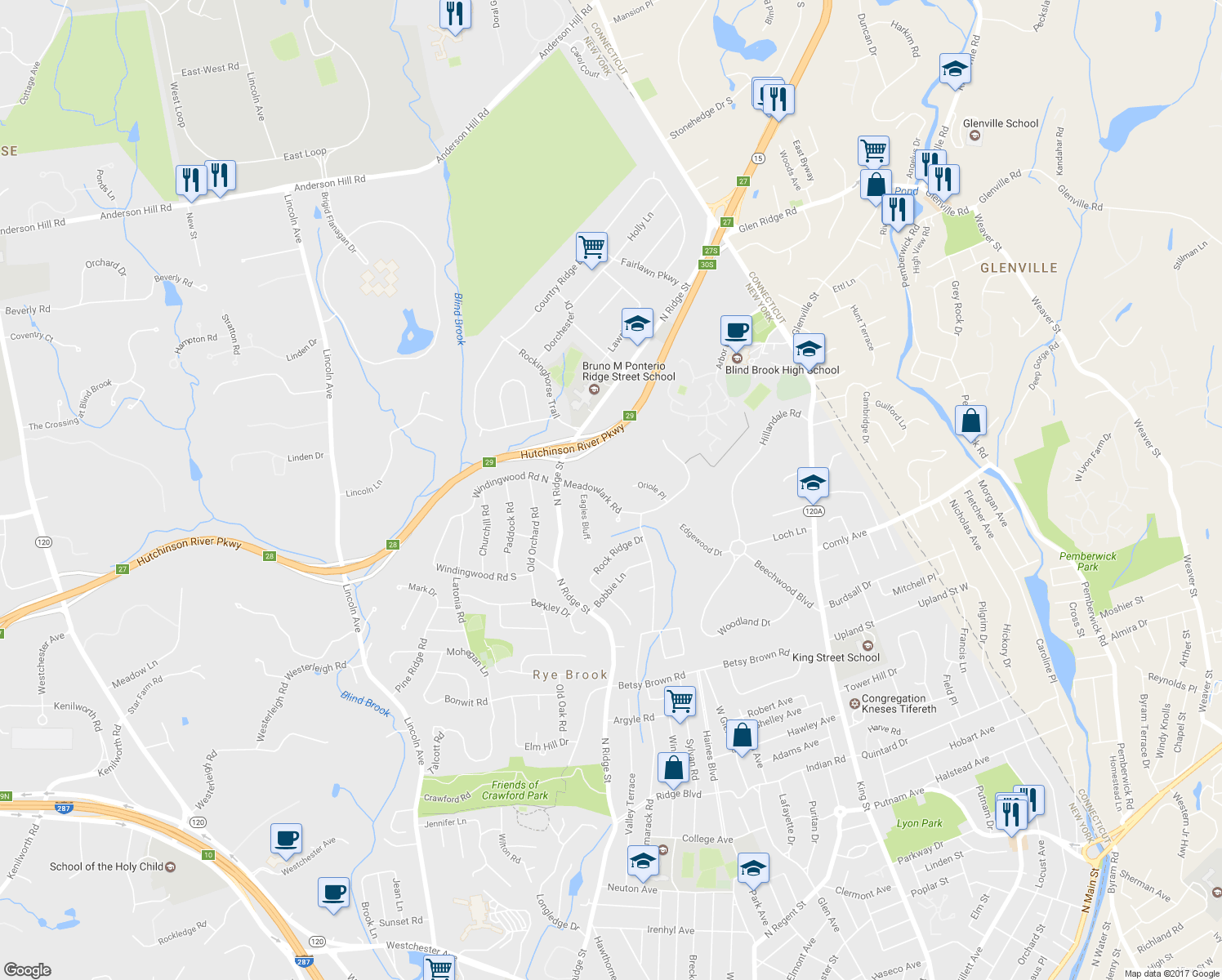 map of restaurants, bars, coffee shops, grocery stores, and more near 15 Meadowlark Road in Rye Brook