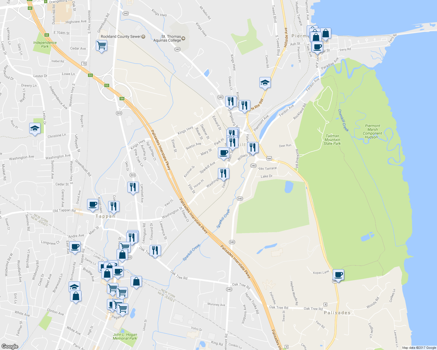 map of restaurants, bars, coffee shops, grocery stores, and more near 510 Washington Street in Sparkill