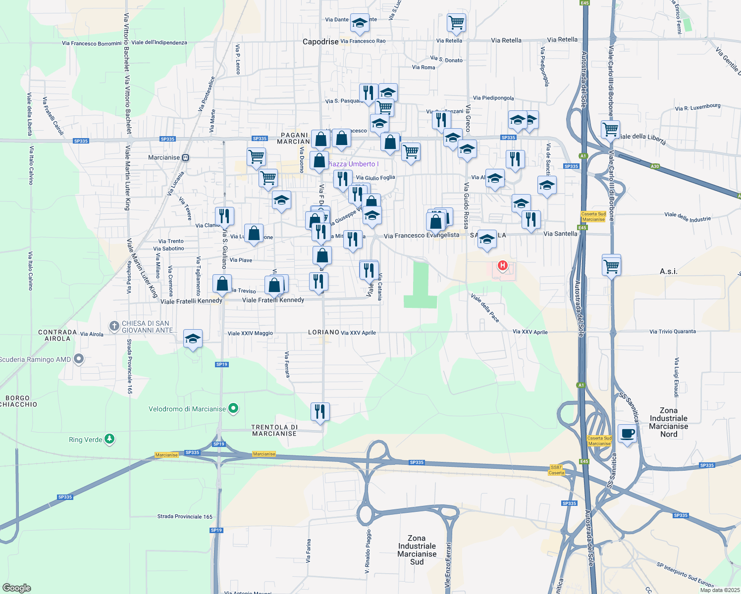map of restaurants, bars, coffee shops, grocery stores, and more near 74 Viale Gandhi in Marcianise