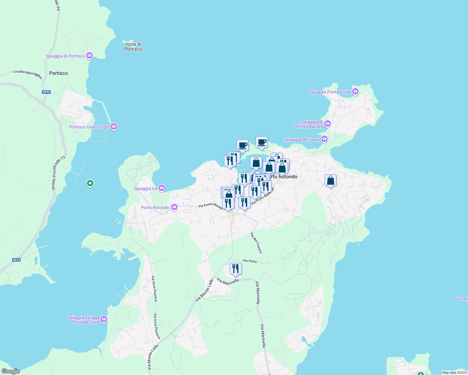 map of restaurants, bars, coffee shops, grocery stores, and more near 26 Via G.Germiniasi in Porto Rotondo