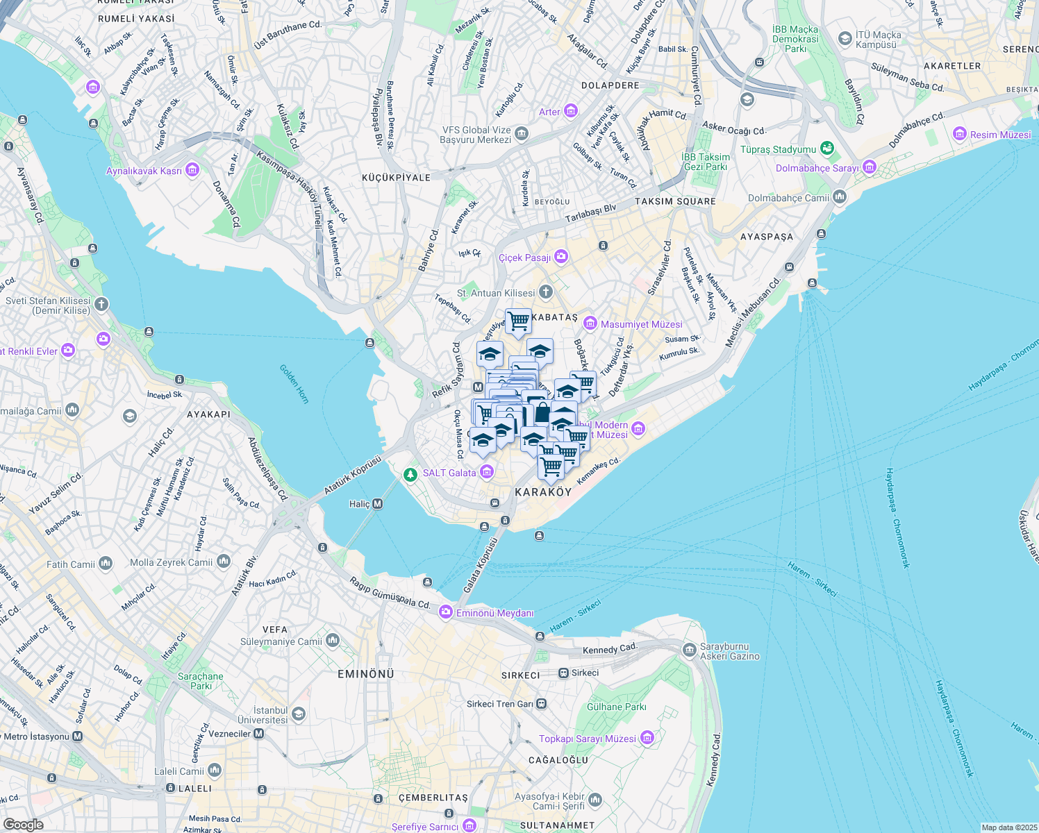 map of restaurants, bars, coffee shops, grocery stores, and more near 19 Serdar-ı Ekrem Caddesi in Beyoğlu
