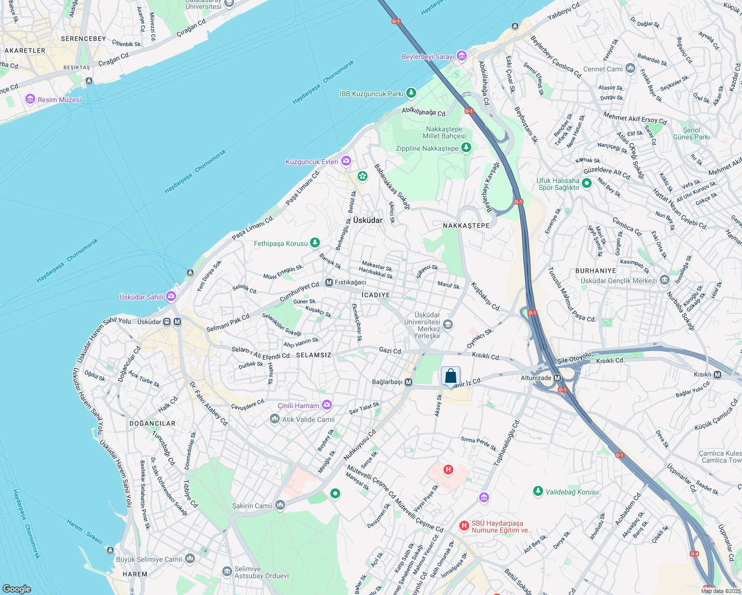 map of restaurants, bars, coffee shops, grocery stores, and more near 15 Fıstık Ağacı Sokağı in Üsküdar