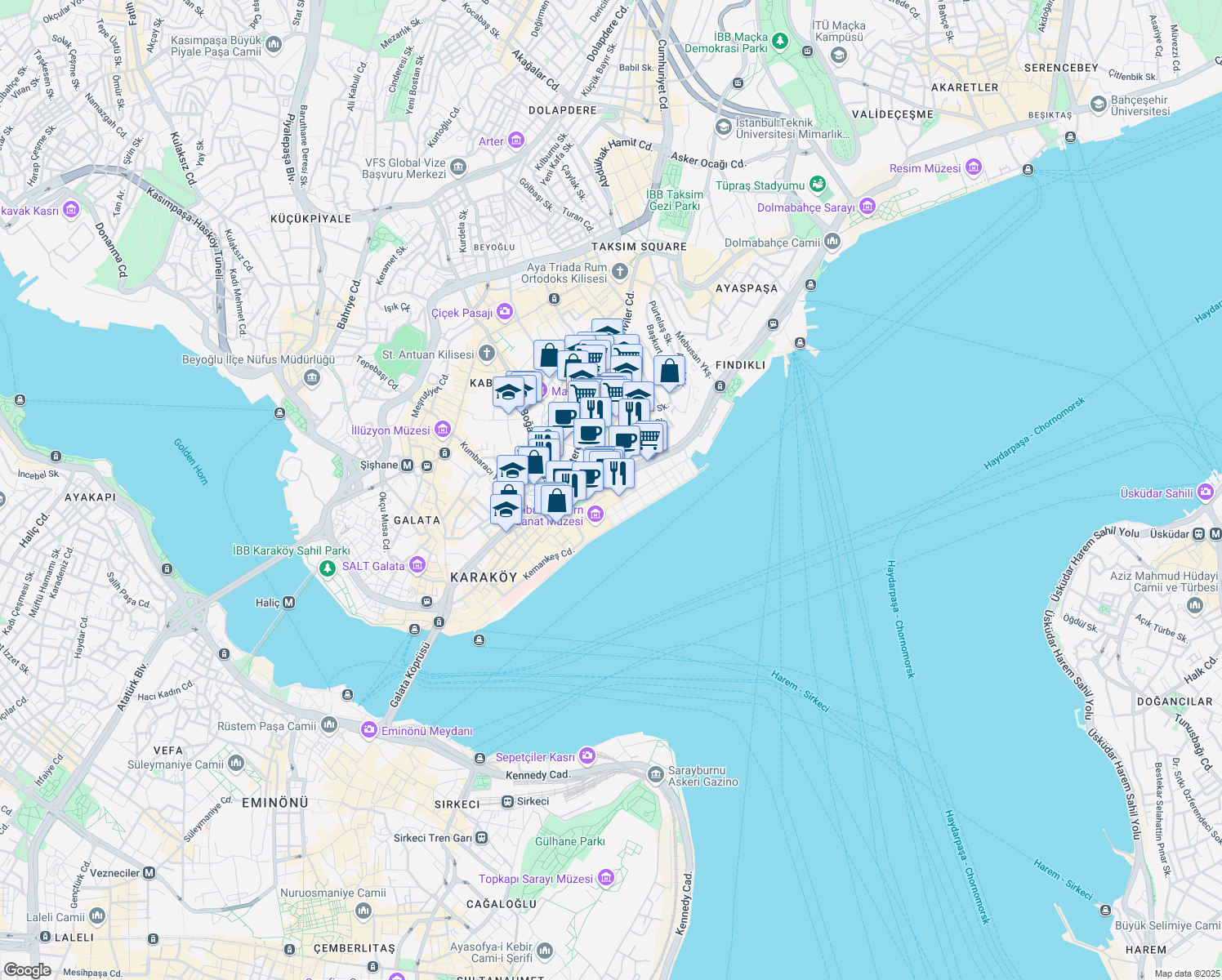 map of restaurants, bars, coffee shops, grocery stores, and more near 1 Tophane İskele Caddesi in Beyoğlu