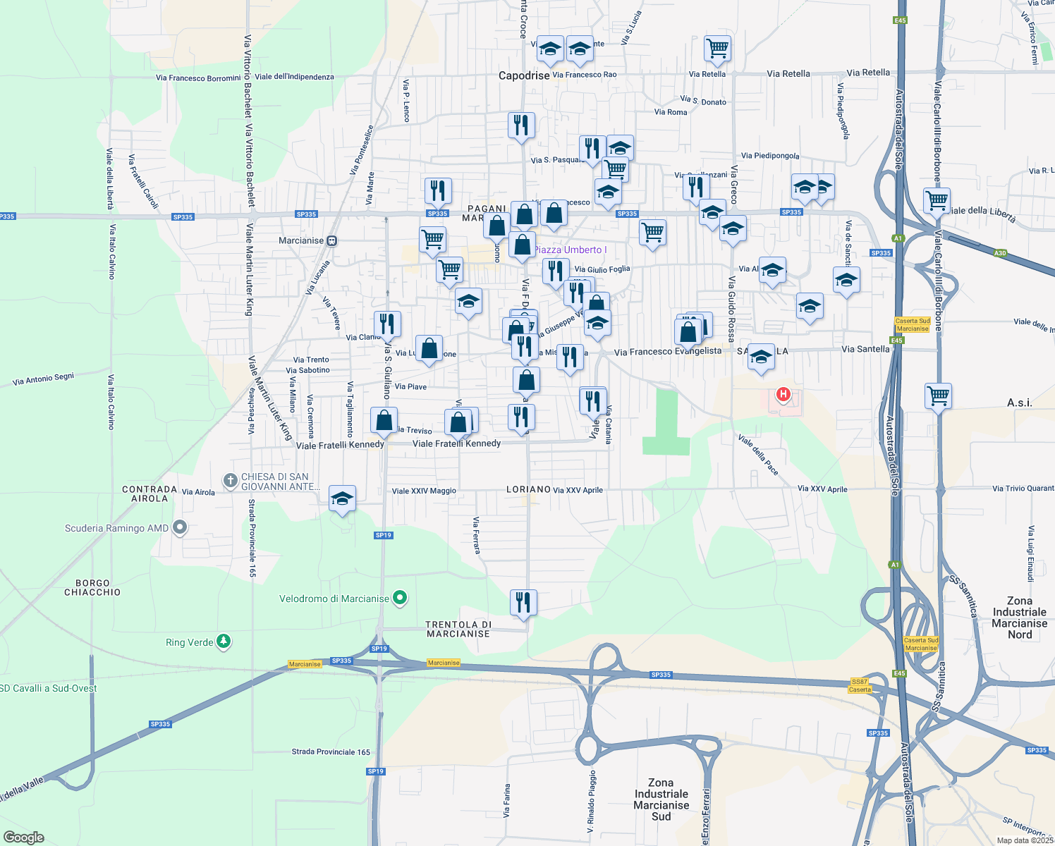 map of restaurants, bars, coffee shops, grocery stores, and more near 48 Viale della Vittoria in Marcianise