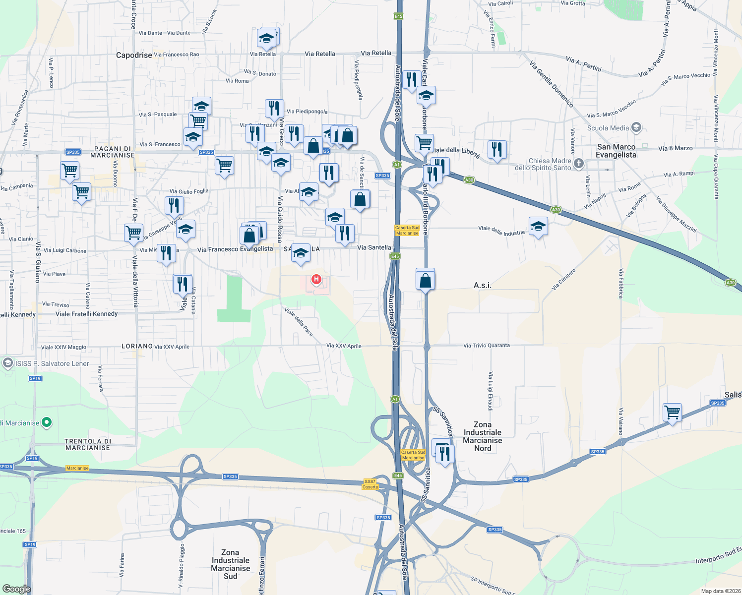 map of restaurants, bars, coffee shops, grocery stores, and more near 7 Via Giacomo Colombo in Marcianise