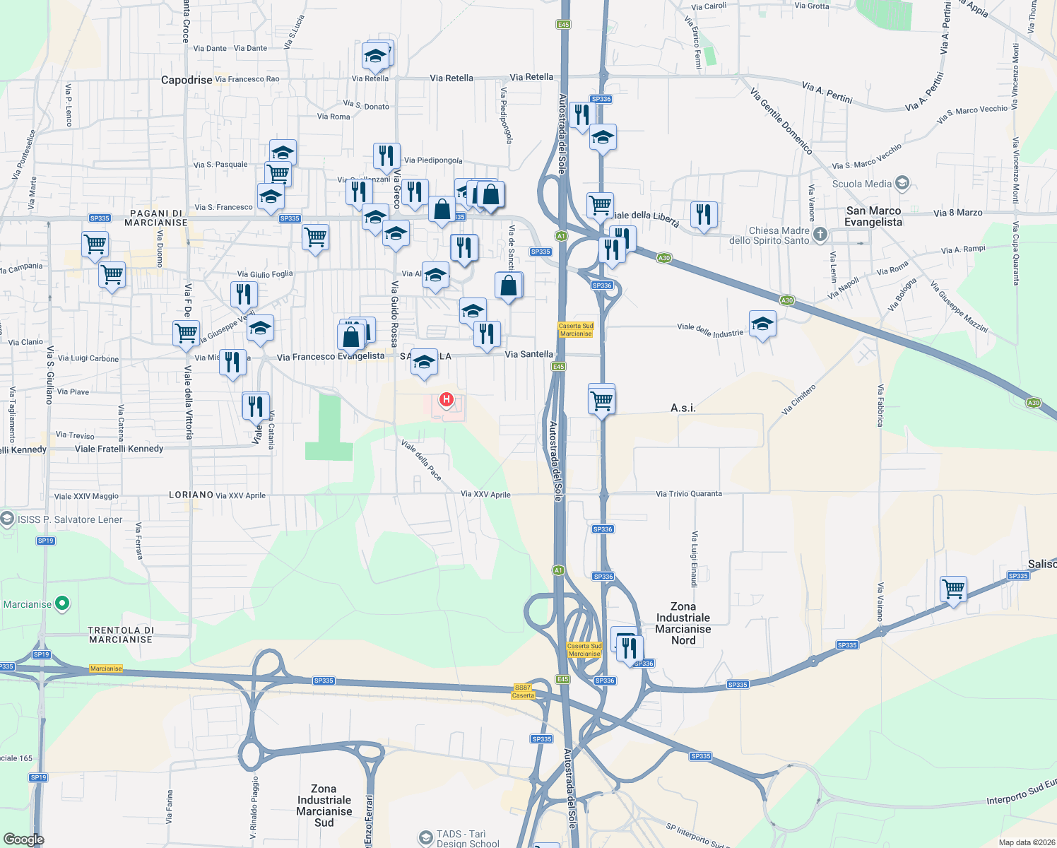 map of restaurants, bars, coffee shops, grocery stores, and more near 7 Via Giacomo Colombo in Marcianise