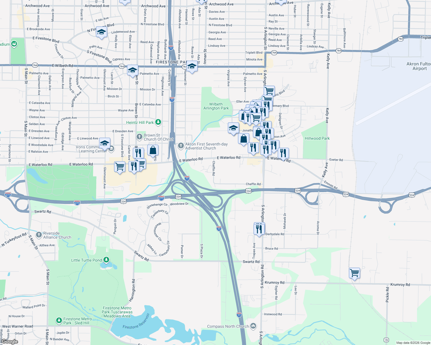 map of restaurants, bars, coffee shops, grocery stores, and more near 1617 Chaffin Road in Akron