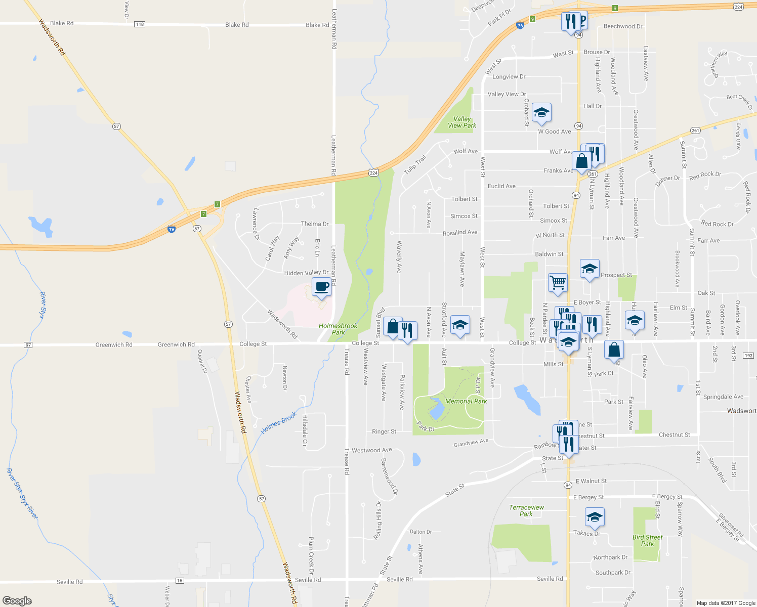 map of restaurants, bars, coffee shops, grocery stores, and more near 534 Sunset Boulevard in Wadsworth